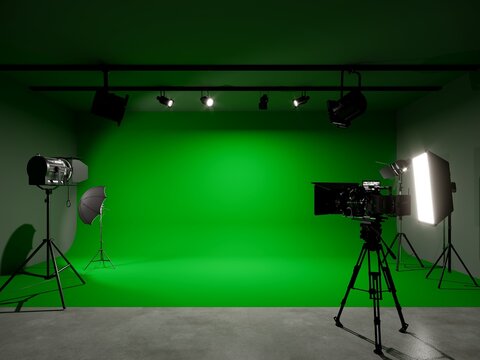 green screen photo studio with lighting and movie camera. 3D rendering