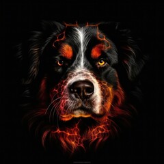 Bernese Mountain Dog Face Shape In Red Fire On Black Background. Generative AI