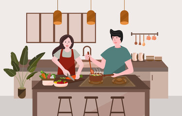 Couple activity, Happy couple cooking in kitchen at home, Happy time for cooking together.
Lover chatting enjoy conversation. Preparing meal, making soup and healthy food.
