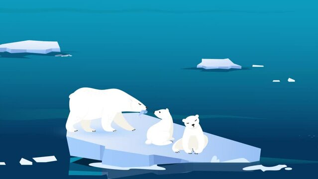 Polar Bear Mother Feeding Her Two Babies on Melting Broken Ice In The Arctic Sea 2D Animation. Climate Changing. Global Warming Concept.