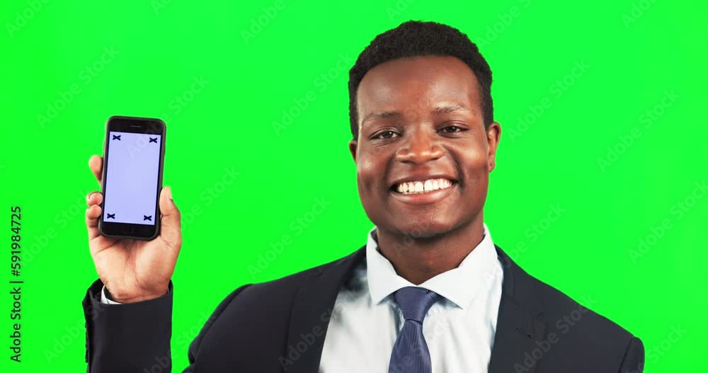 Poster Happy, face and a black man with a phone on a green screen isolated on a studio background. Mockup, tracking markers and portrait of an African businessman showing a mobile for an app or text