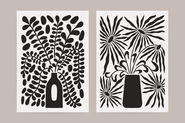 Fototapeta na wymiar Abstract flower posters. Minimal floral naive art prints Matisse inspired, doodle organic botanical elements. Vector set
