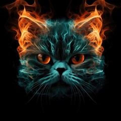 Exotic Shorthair Face Shape In Fire On Black Background. Generative AI