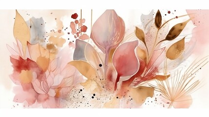 Modern abstract art watercolor illustration with blush elements, pink, ivory, beige and gold elements, on white background, AI genereted 