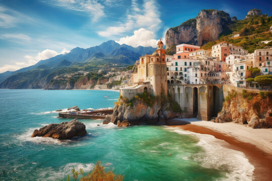 Landscape with Atrani town at famous amalfi coast, Italy created with Generative AI technology