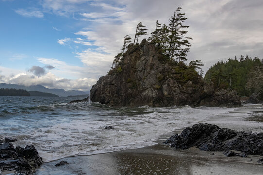 Rugged coastline along the Canadian West coast at Brady's Beach; Bamfield, Vancouver Island, British Columbia, Canada