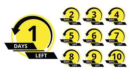 Countdown of days. Number 1, 2, 3, 4, 5, 6, 7, 8, 9, 10, of days left to go. Promotional banners. Price offer promo deal timer, few day only. Stylized counter in black and yellow colors