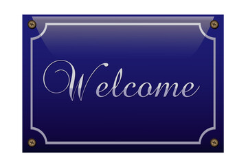 Welcome Emailleschild,
Straßenschild in Kobaltblau mit Text in englisch,
Vektor Illustration isoliert auf weißem Hintergrund
