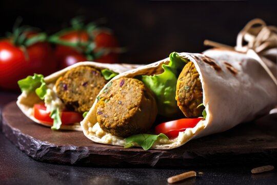 Tortilla wrap with falafel and fresh salad. Vegan tacos. Vegetarian healthy food