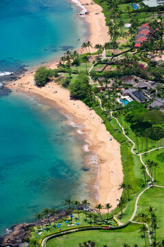 Aerial View of beachfront of Resort Community at Ulua Beach and part of Mokapu Beach; Wailea, Maui, Hawaii, United States of America