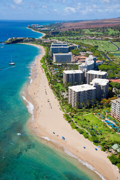 Aerial view of hotels and condos along the oceanfront at Kaanapali Beach; Maui, Hawaii, United States of America