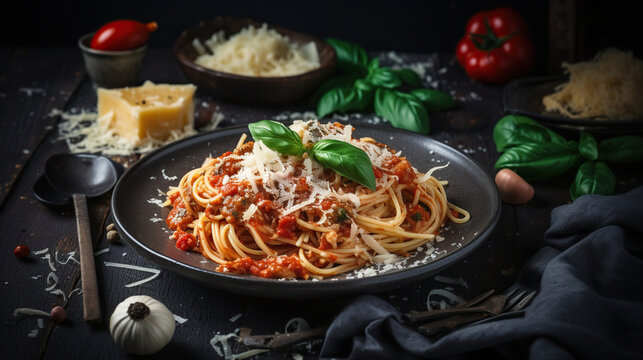 Spaghetti on a Plate, Kitchen Atmosphere. generative ai