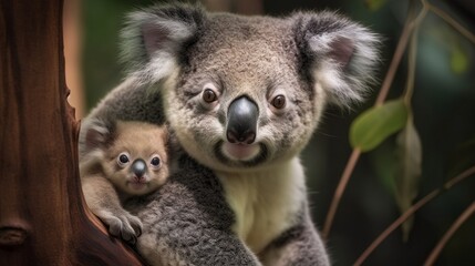 Obraz premium Koala with joey on its back on a branch. Generative AI