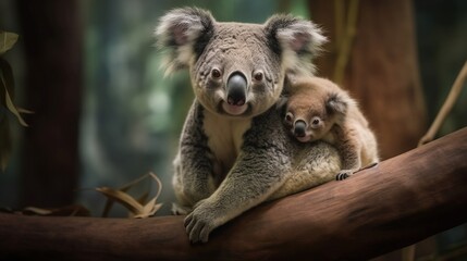 Obraz premium Koala with joey on its back on a branch. Generative AI