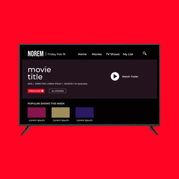 Television menu display monitor isolated on red. Netflix. UI. UX. User interface user experience. Youtube