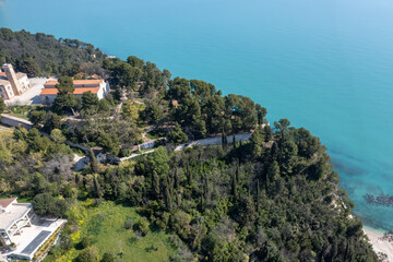 Aerial drone view of Sirolo and Numana town , Conero Mount, Adriatic Sea in Le Marche region, Italy...