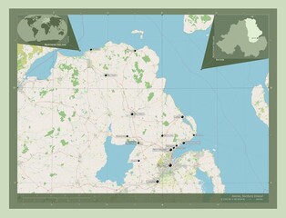 Antrim, Northern Ireland. OSM. Labelled points of cities