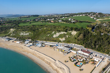 Aerial view of Numana town , Conero Mount, Adriatic Sea in Le Marche region, Italy , Europa