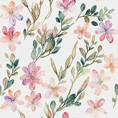 cute watercolor seamless pattern with modern decorative leaves and pink flowers - natural pattern - spring design