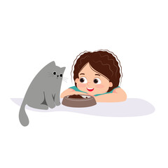 Vector illustration cartoon of a little girl feeding her cat. Kids doing housework chores at home concept.	
