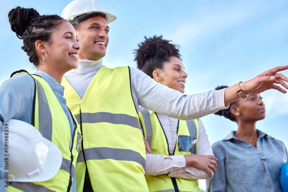 Aufkleber architecture, construction and happy team in the city, pointing and looking together. smile, teamwor