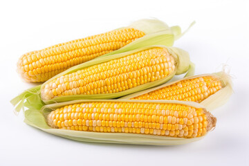 Sweetcorn, corn, multiple sweetcorns on the cob on a white background, generative ai, Fresh tasty vegetables, Fresh ingredients, cooking ingredients