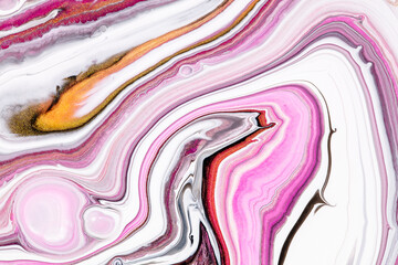 Fluid art texture. Abstract background with mixing paint effect. Liquid acrylic picture that flows and splashes. Mixed paints for website background. Pink, golden and white overflowing colors.