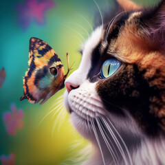 Cat with a butterfly on its nose. Generative AI.