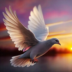 Dove of peace at sunset. Generative AI.