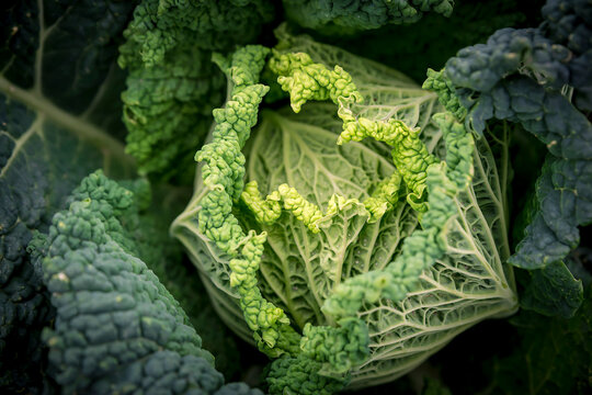 Close-up of a leafy, head of cabbage (Brassica oleracea var. capitata) in a field; Benissanet, Tarragona, Spain