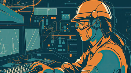mechanical engineer in action, with simple geometric shapes and thin lines. The mechanical engineer is depicted wearing a hard hat, safety glasses, and a work vest