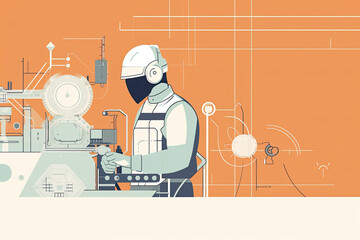 mechanical engineer in action, with simple geometric shapes and thin lines. The mechanical engineer is depicted wearing a hard hat, safety glasses, and a work vest