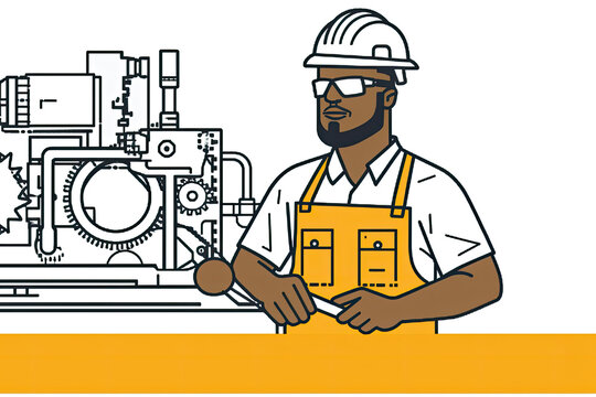 mechanical engineer in action, with simple geometric shapes and thin lines. The mechanical engineer is depicted wearing a hard hat, safety glasses, and a work vest