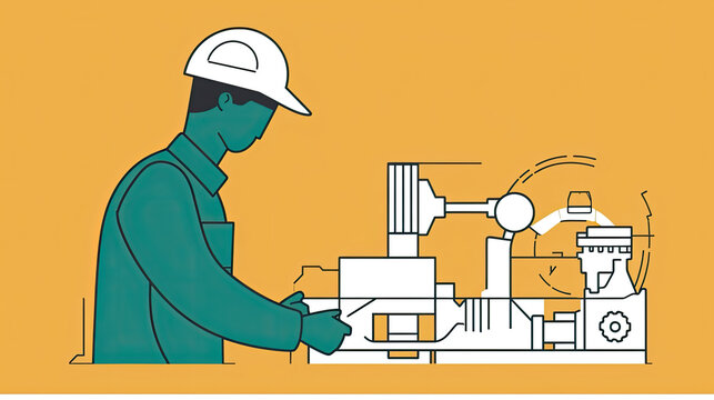 mechanical engineer in action, with simple geometric shapes and thin lines. The mechanical engineer is depicted wearing a hard hat, safety glasses, and a work vest