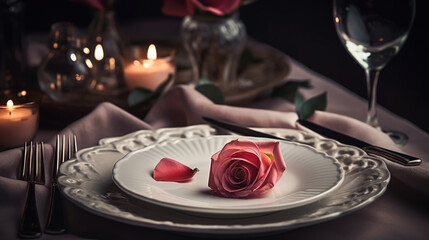 Table Setting For Valentines With Red Roses. Generative AI