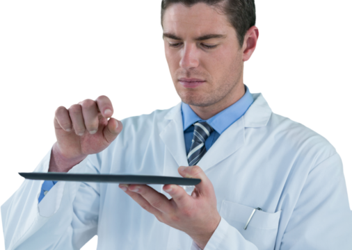 Doctor using digital tablet against white background