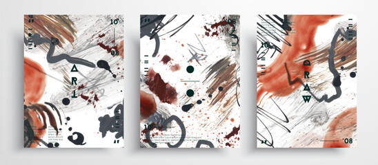 Abstract vector poster, set of modern design art covers. Contemporary expressionism with brushstrokes of paint, stains and pencil strokes. Can be used as background, wall print or poster.
