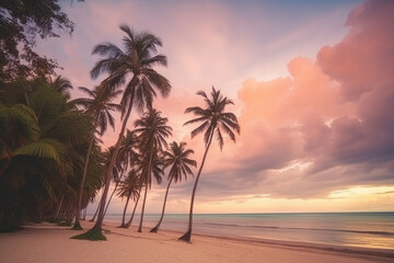 summer landscape consisting of palm tree and a tropical beach in sunset light. Ai generative