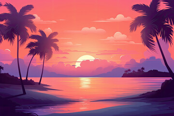 Obraz na płótnie Canvas summer landscape ilustration consisting of palm tree and a tropical beach in sunset light. Ai generative