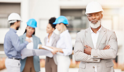 Architecture, engineer and portrait of senior black man with team for building, construction site and planning. Engineering, leadership and serious male contractor for property development inspection