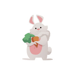 Cute bunny sits holding carrot in paws, flat illustration isolated.