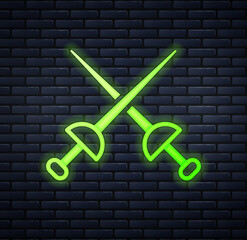 Glowing neon Fencing icon isolated on brick wall background. Sport equipment. Vector