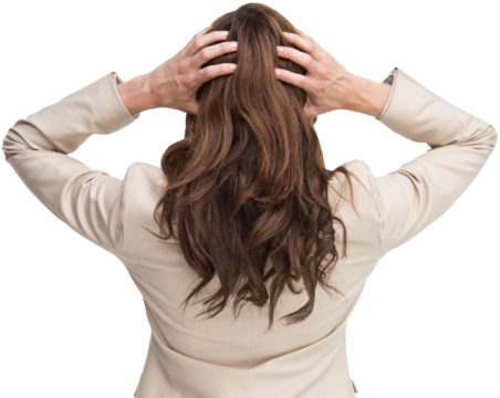 Young classy businesswoman with hands on head standing back to camera