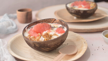 Yogurt with grapefruit, granola, chia and honey