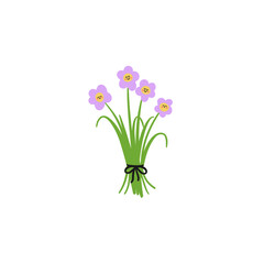 purple bouquet of flowers. hand drawn illustrated smiling happy cute flower bunch with bow