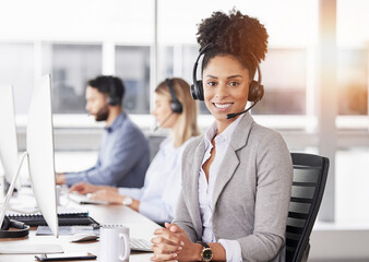 Happy, portrait and woman call center agent working on online consultation in the office. Crm,...