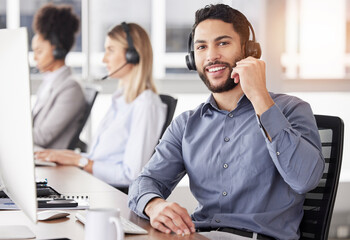 Portrait, call center and customer service with a man consulting using a headset in his support...