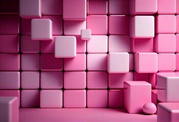 Pink, Square Mosaic Tiles arranged in the shape of a wall. Semigloss, 3D, Blocks stacked to create a Futuristic block background. 3D Render. Generative AI