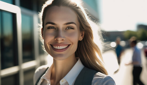 busines woman pround smile in front of office