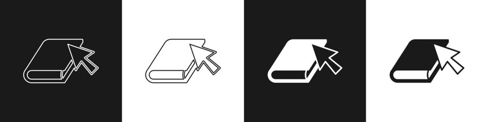 Set Online book icon isolated on black and white background. Internet education concept, e-learning resources, distant online courses. Vector